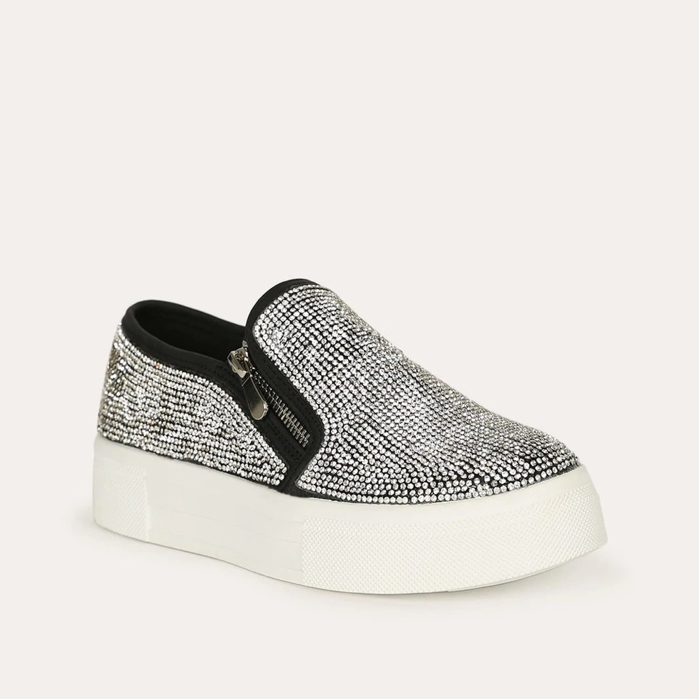 Black rhinestone slip ons